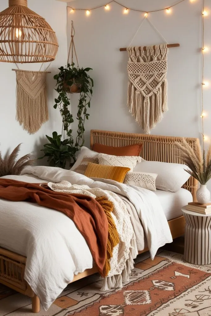 Cozy boho guest bedroom example with macreme wall hangings, plants in the corner, boho blankets. 