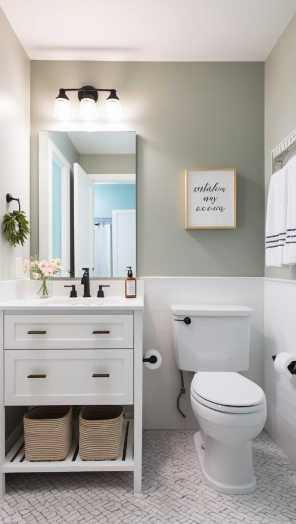 Small modern bathroom with pale green walls and white vanity and black lights hanging above a large mirror 
