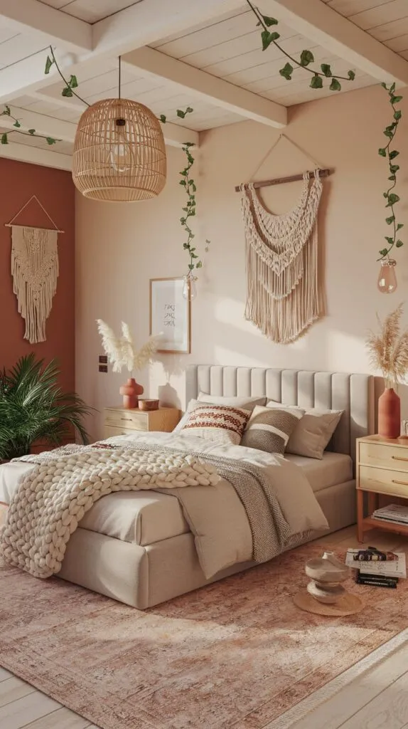 Boho Bedroom design with macreme wall hangings and knitted throw blankets and plants with rug in a boho pattern.  