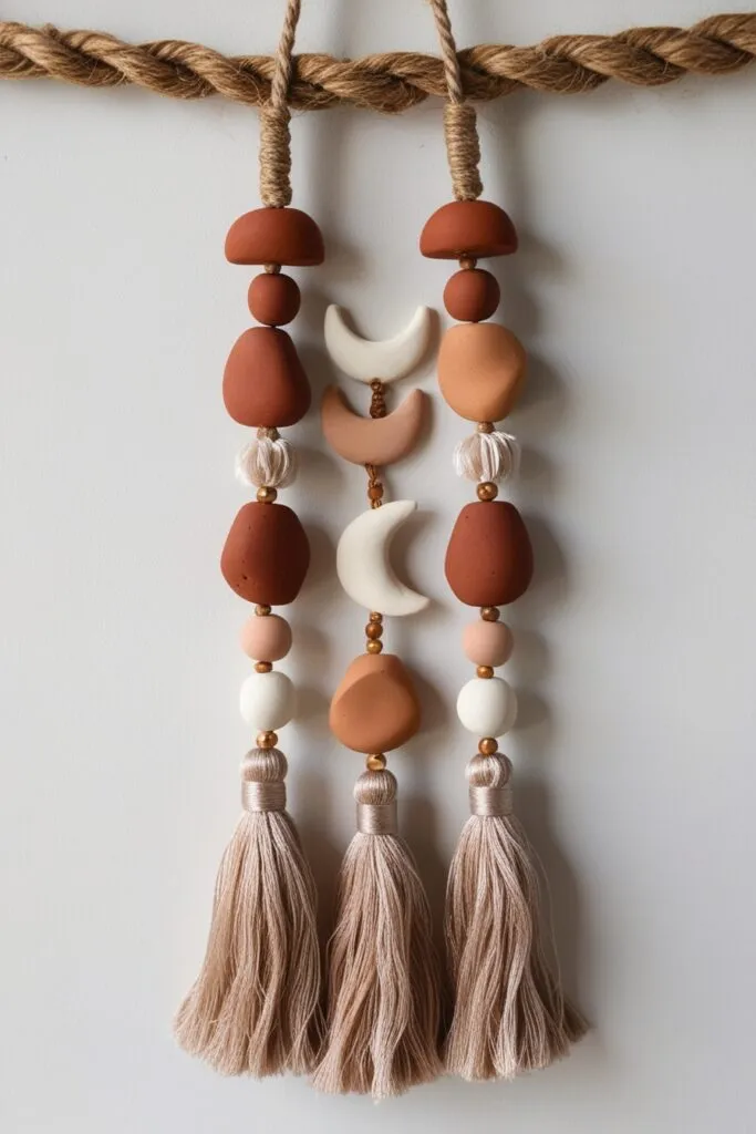 DIY boho clay wall hanging with fun round shapes, clay beads, and clay moons on a macreme wall hanging