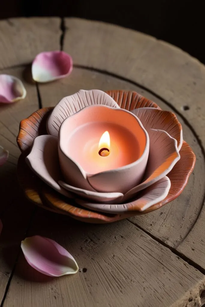 DIY pink and pastel clay floral candle holder with a small candle inside on a table with rose petals scattered around