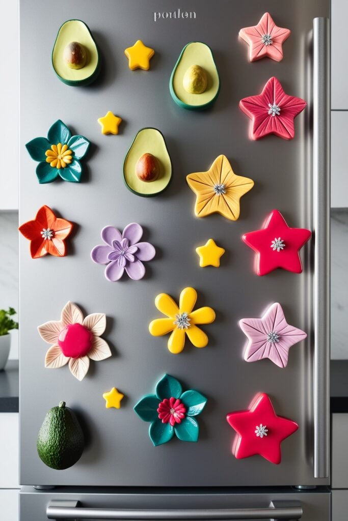 DIY fun clay fridge magnets In fun shapes and flower designs with bright colors