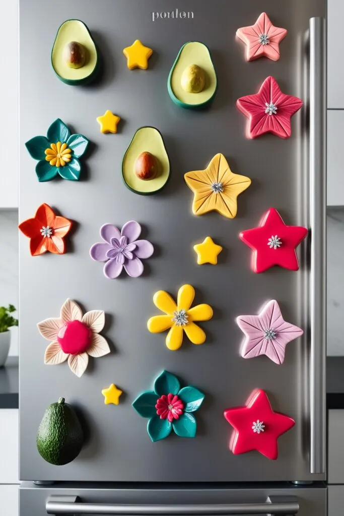 DIY fun clay fridge magnets In fun shapes and flower designs with bright colors