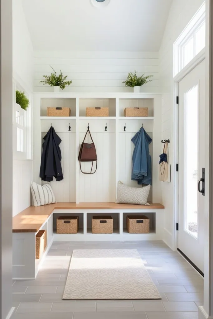 Modern Mudroom entry way design inspiration ideas.  White walls, natural wood cabinets offering storage, coat hangers in each cubby with baskets for personal items and bright natural light coming in the window creating an inviting organized space.  
