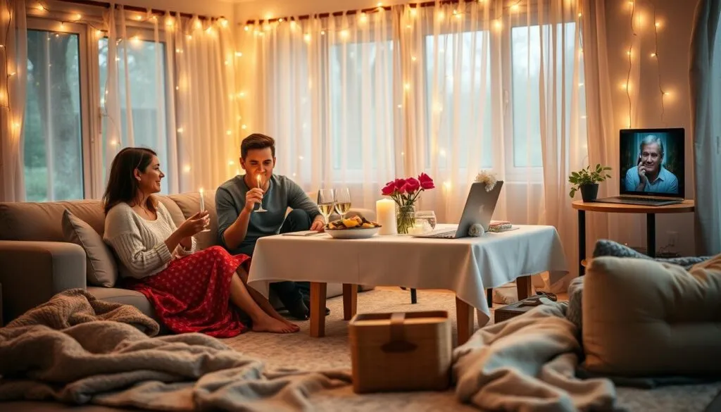 A couple enjoying dinner and a movie together picnic style in their living room for date night at home. 