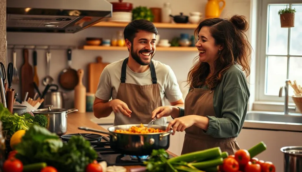 A couple laughing while cooking together for a fun at home date night idea. 