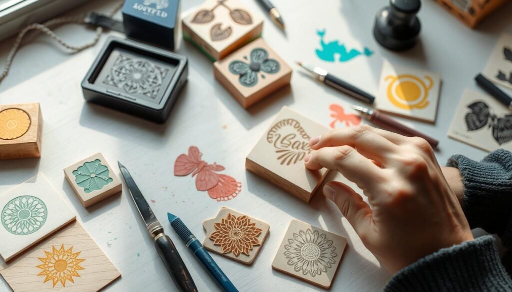 a person using a variety of stamps on some wood 