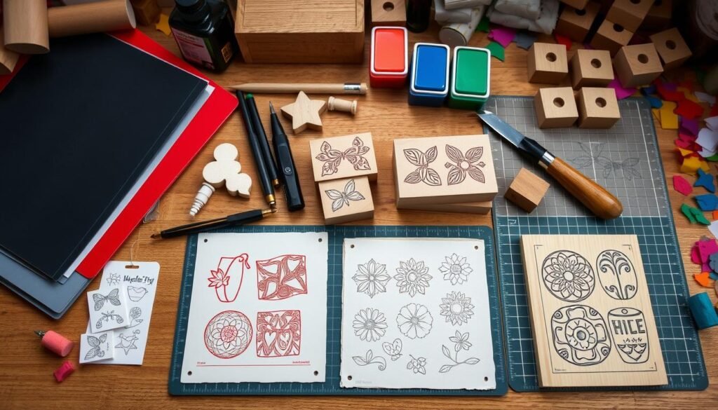 stamp projects laid out on a table
