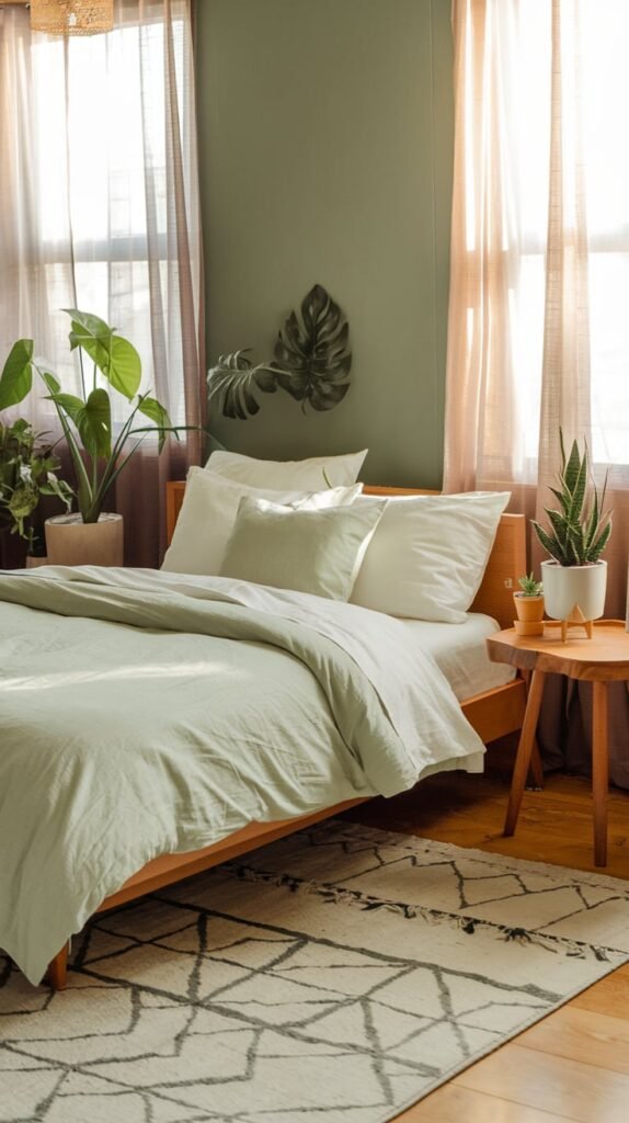Green natural bedroom decor with a plant next to the bed and the bed frame is natural wood with a night stand and green walls and small plant on the night stand and cream color blinds 