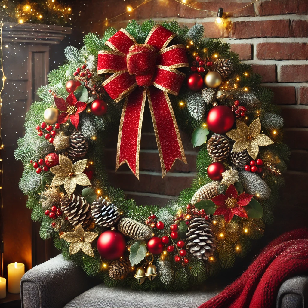 A festive and elegant Christmas wreath displayed on a cozy brick wall. The wreath features a lush evergreen base adorned with classic holiday elements such as red and gold ornaments, pinecones, and vibrant holly berries. A large red velvet bow sits at the top, with delicate string lights woven throughout, giving a warm glow. Snow-dusted accents and small golden bells complete the traditional Christmas look, exuding holiday cheer and elegance.