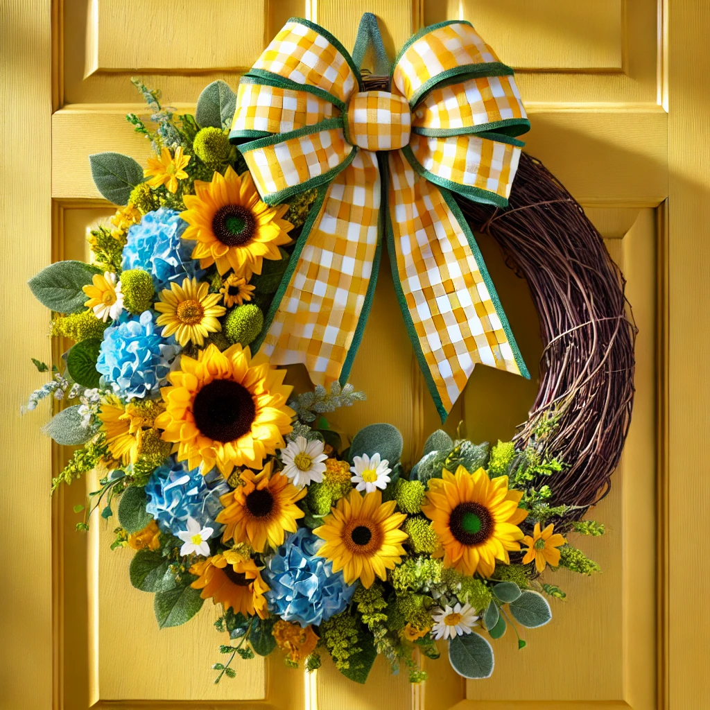 A cheerful summer wreath displayed on a sunny yellow wooden door. The wreath features a mix of vibrant sunflowers, daisies, and greenery, accented with bright blue hydrangeas for a refreshing touch. A large gingham ribbon in a sunny yellow and white pattern ties the design together, exuding a classic summer vibe. The base is a natural grapevine, adding rustic charm. The design radiates warmth and joy, perfect for embracing the lively spirit of summer.