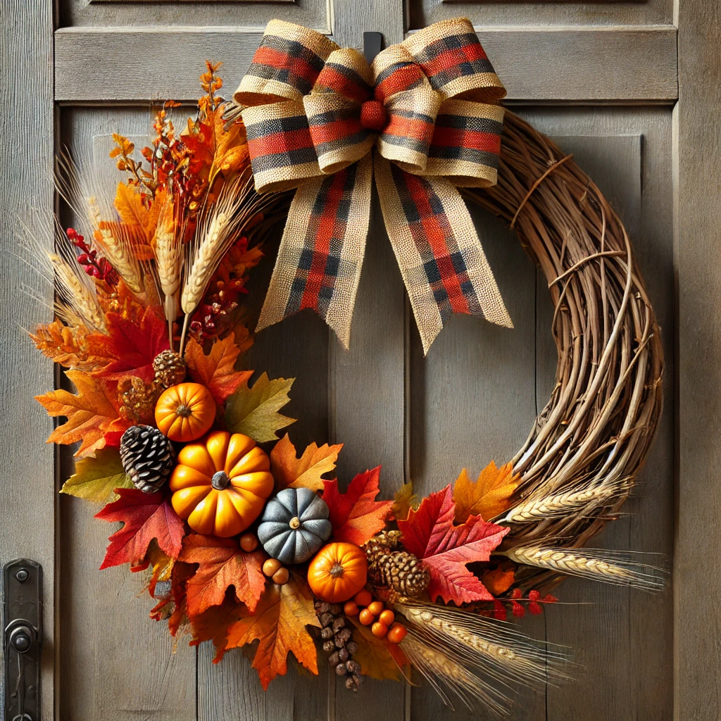 A warm and inviting fall wreath displayed on a rustic wooden door. The wreath features a grapevine base adorned with vibrant autumn leaves in shades of orange, red, and yellow. Accents include dried wheat stalks, mini pumpkins, and pinecones, creating a cozy harvest vibe. A burlap bow with plaid details adds a charming, rustic touch, making it perfect for celebrating the fall season and welcoming guests.