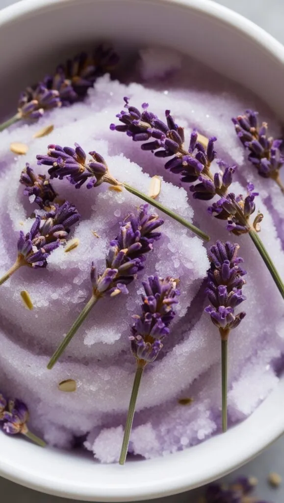 purple lavender sugar scrub with fresh lavender on top