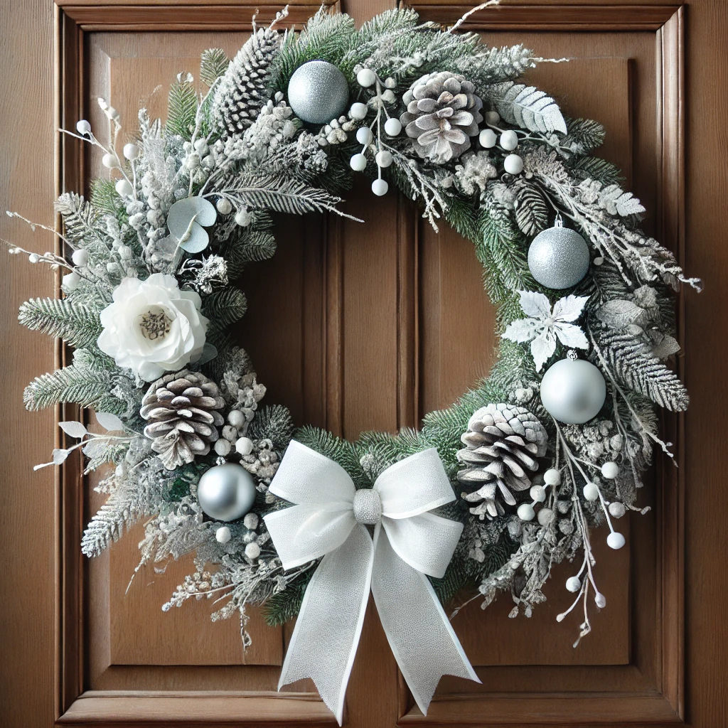 A serene and elegant winter wreath displayed on a wooden door. The wreath features a snow-dusted evergreen base adorned with frosted pinecones, silver and white ornaments, and icy branches. Delicate accents of eucalyptus and white berries add texture, while a soft white satin bow at the bottom provides a luxurious touch. The design evokes a peaceful, frosty winter atmosphere, perfect for seasonal decor.