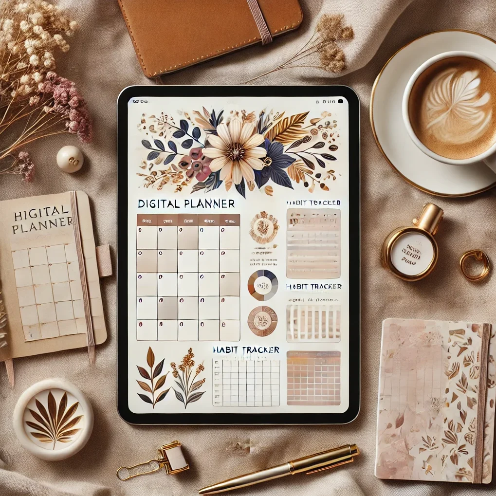 Example of.a personaliezd digital planner with a calm boho color scheme that has a basic calendar and a habit tracker 
