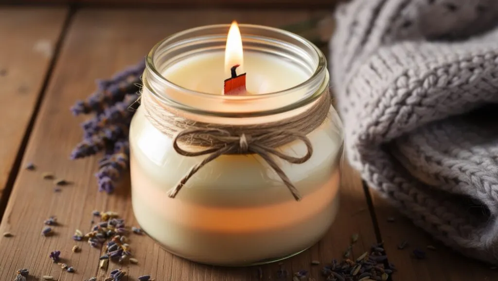 A mason jar candle with a smooth, creamy wax surface, topped with a wooden wick or cotton wick trimmed to the perfect length. The jar is wrapped with twine and decorated with a small sprig of dried lavender tied around the neck. The candle is placed on a rustic wooden table surrounded by scattered lavender buds, a cozy knit blanket, and a softly glowing background, evoking warmth and relaxation."