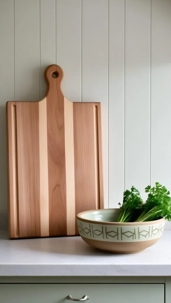  Scandinavian kitchen design ideas with a wooden cutting board on a green accent wall and a green and tan ceramic bowl sitting on the counter