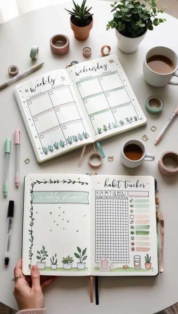 A top-down view of an open bullet journal on a clean, cozy desk. The journal features two beautiful and organized spreads: one page shows a weekly planner with neat boxes, soft pastel-colored headers, and subtle doodles of plants, stars, and flowers. The other page showcases a habit tracker with a grid layout, cute icons for habits like water intake, reading, and exercise, and small watercolor swatches in calming tones of sage green, soft beige, and blush pink. Scattered around the journal are gel pens, washi tape rolls, tiny potted plants, and a warm cup of coffee for an aesthetic, inspiring workspace. The lighting is soft and natural, creating a peaceful, creative vibe perfect for journaling enthusiasts.