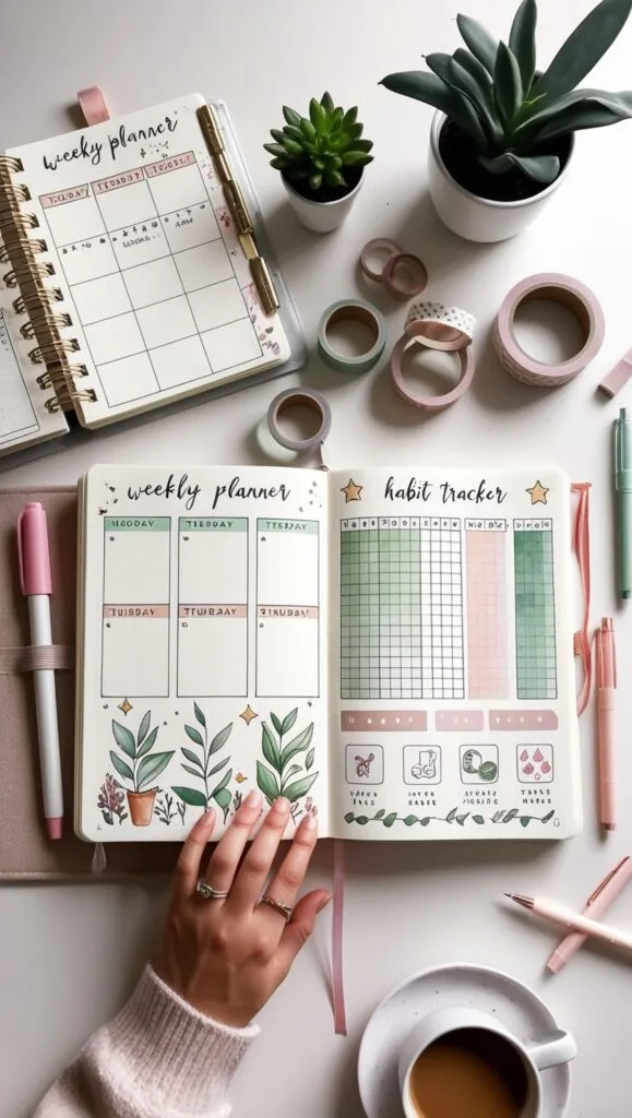 Journal Spreads shown in a top down view of weekly daily and monthly