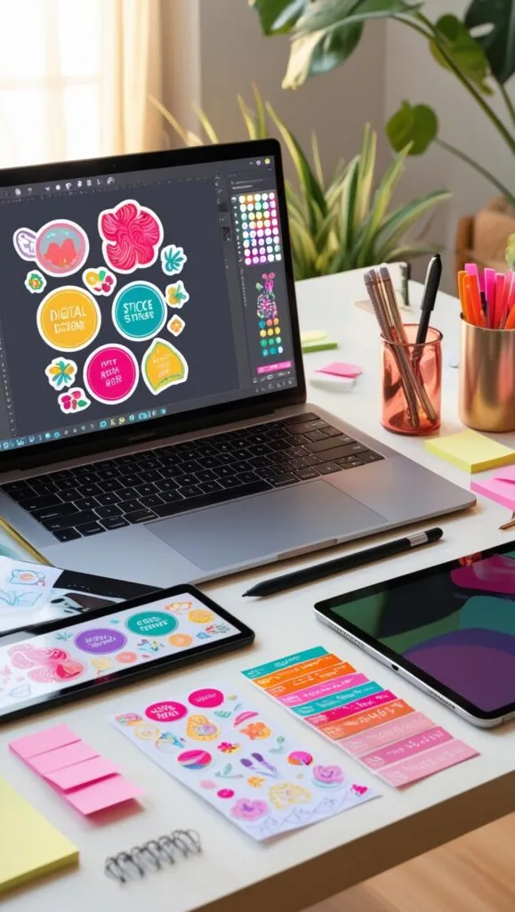creating digital stickers at home shown on laptop with iPad on desk and stickers spread out 
