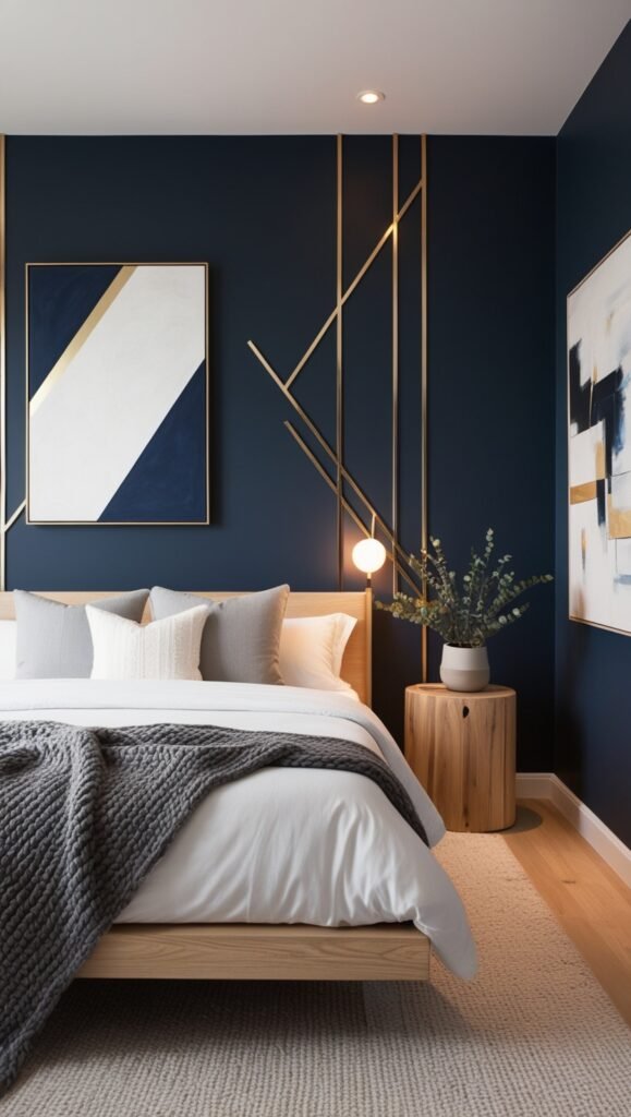 A visually stunning interior design featuring an accent wall in a modern bedroom. The wall showcases a bold navy blue paint color with geometric gold accents for a contemporary look. The room includes a sleek bed with white linens, natural wood nightstands, and a mix of cozy textures like a gray knit throw and soft pillows. A warm ambient light source highlights the accent wall, with a large abstract painting on one side and greenery in a simple pot for a natural touch. The overall vibe is elegant and inviting, blending bold and cozy elements seamlessly.