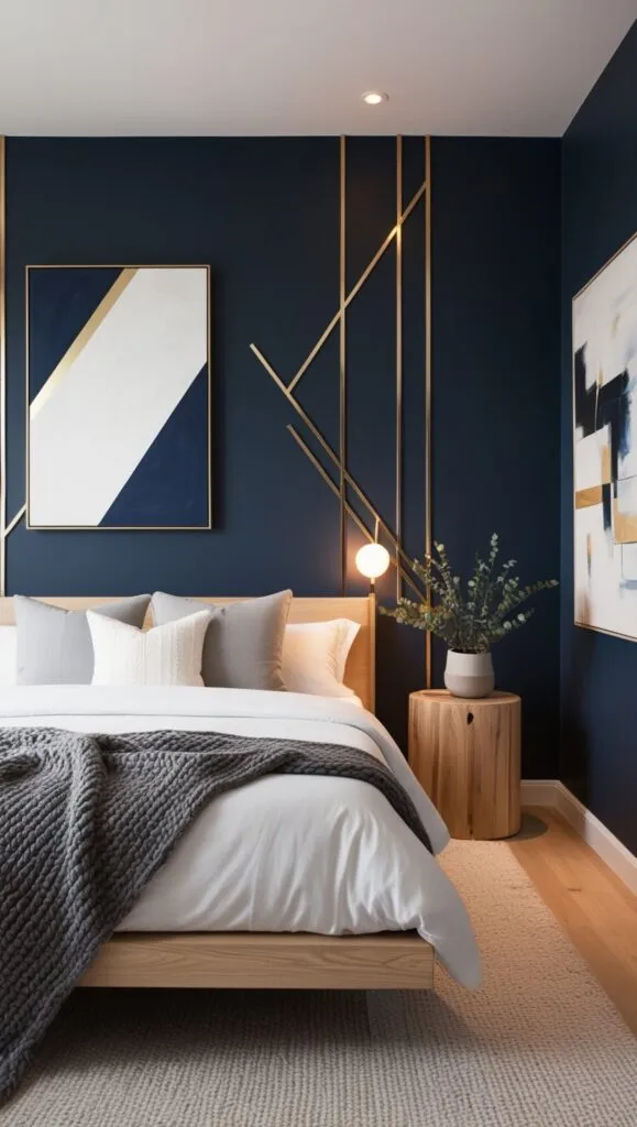 A visually stunning interior design featuring an accent wall in a modern bedroom. The wall showcases a bold navy blue paint color with geometric gold accents for a contemporary look. The room includes a sleek bed with white linens, natural wood nightstands, and a mix of cozy textures like a gray knit throw and soft pillows. A warm ambient light source highlights the accent wall, with a large abstract painting on one side and greenery in a simple pot for a natural touch. The overall vibe is elegant and inviting, blending bold and cozy elements seamlessly.