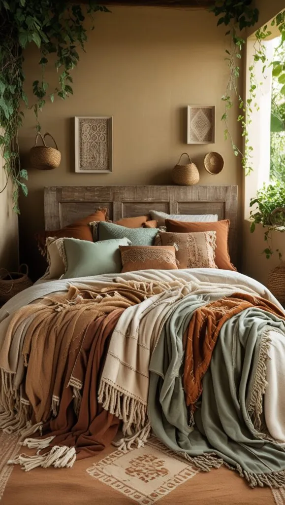 boho bedroom With earth tone blanket layers on wooden bed frame