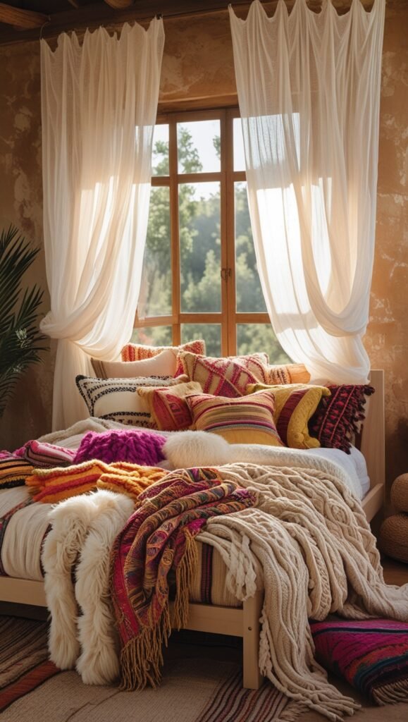 boho bedroom ideas with bright cheerful colors on the pillows and blankets over the bed and several layers adding texture 