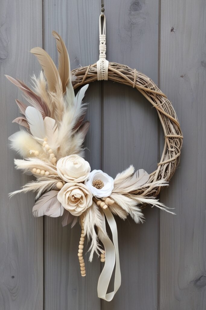 A beautiful and minimalist boho wreath displayed on a rustic wooden wall. The wreath features a grapevine base adorned with neutral-toned dried pampas grass, soft feathers, and intricate macrame details. Cream and beige faux flowers are delicately arranged, complemented by small wooden beads and a cascading light natural ribbon. The design is chic, earthy, and perfect for a boho-inspired home decor piece.