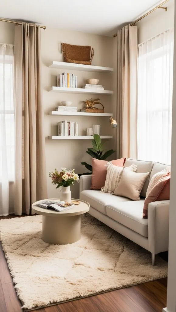 a tiny living room with furniture organized so the room appears larger maximizing the limited space with shaggy rug covering wooden floor and light coming thru sheer curtains and vertical shelves. on walls 