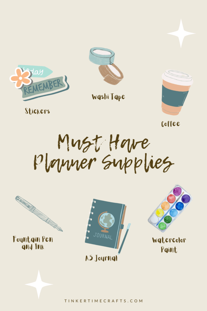 A graphic with journal and planner supplies like stickers, watercolor paint, washi tape, pens, and notebooks 
