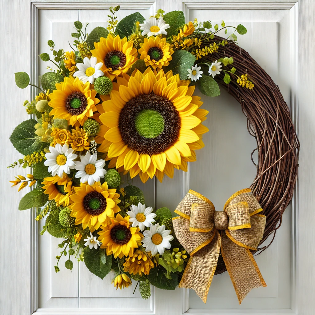 A bright and cheerful spring sunflower wreath displayed on a white wooden door. The wreath features a vibrant yellow sunflower at its center, surrounded by smaller sunflowers, lush green foliage, and delicate white daisies. The base is a rustic grapevine form, while a burlap ribbon bow adds a touch of farmhouse charm. The design exudes warmth and joy, perfect for welcoming spring and adding a colorful touch to your decor.
