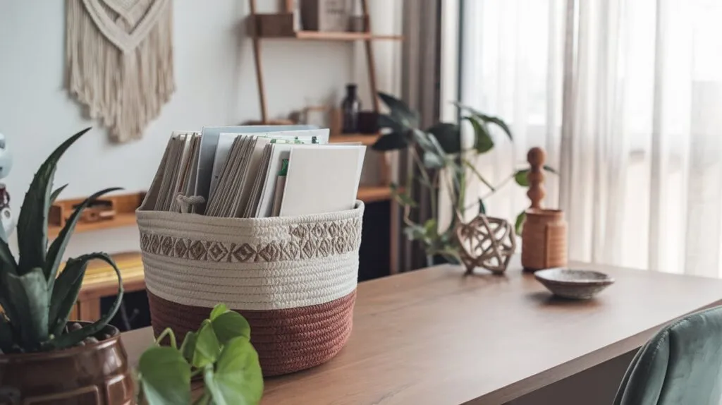 folder files in a boho basket sitting on a desk
