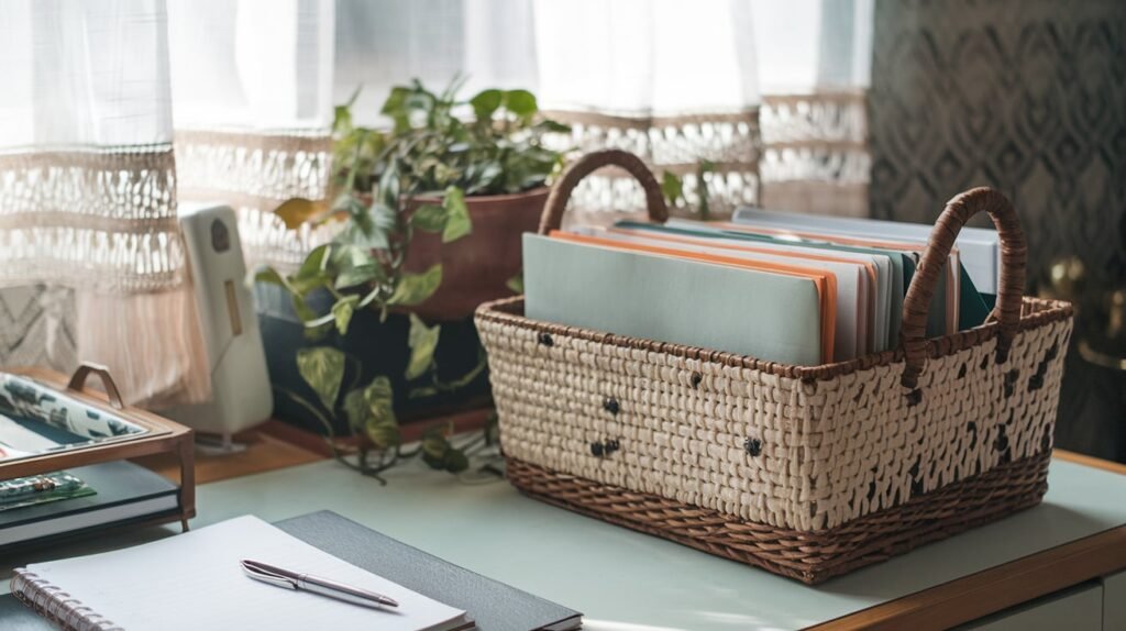 folders filed into a boho basket on the desk to start the 43 folder file planning system 
