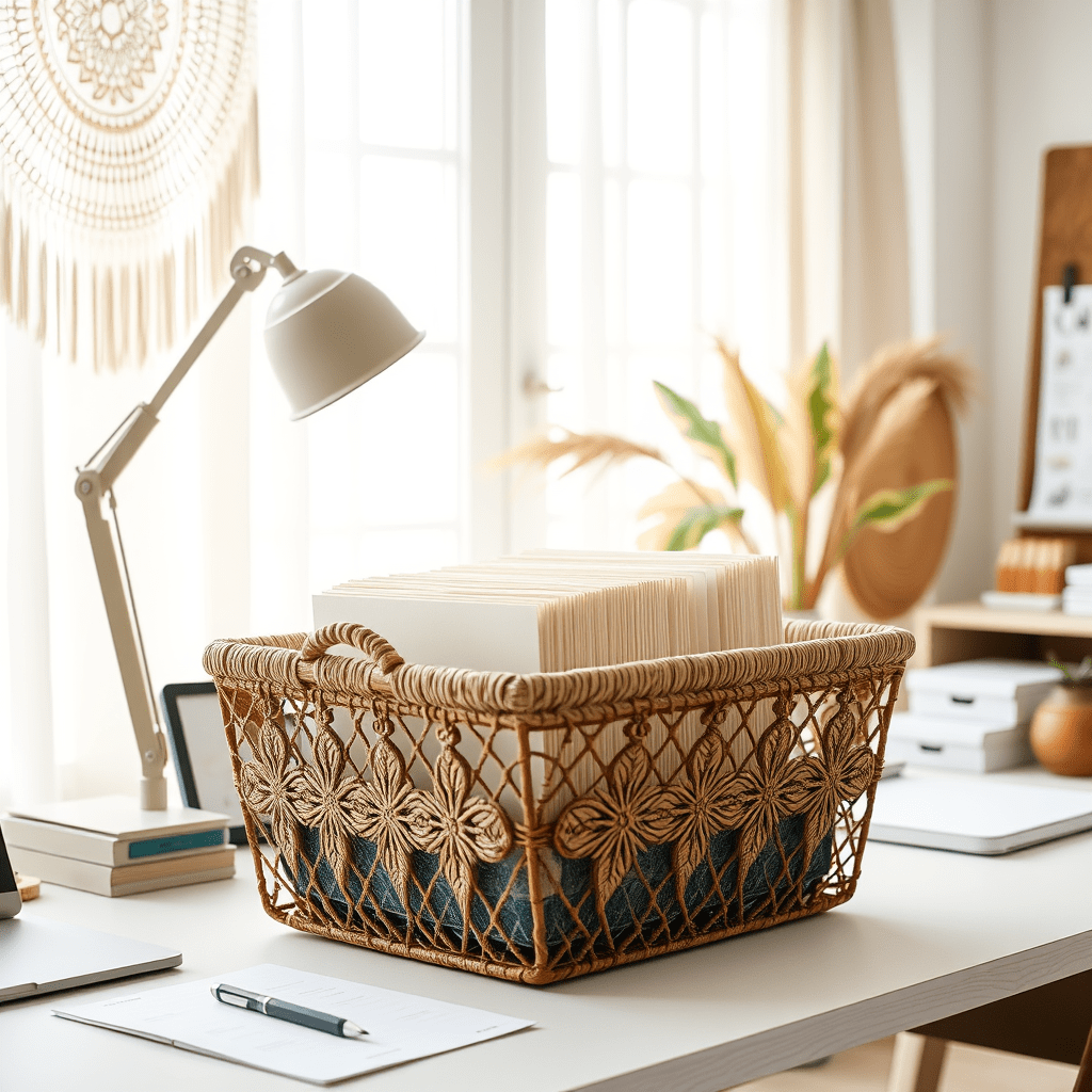 A boho basket sitting on an organized desk with office folders lined up inside the basket. 