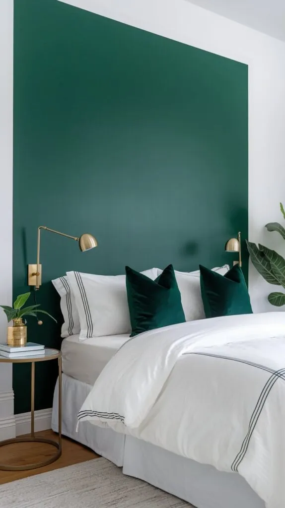 Green Bedroom accent wall with white comforter