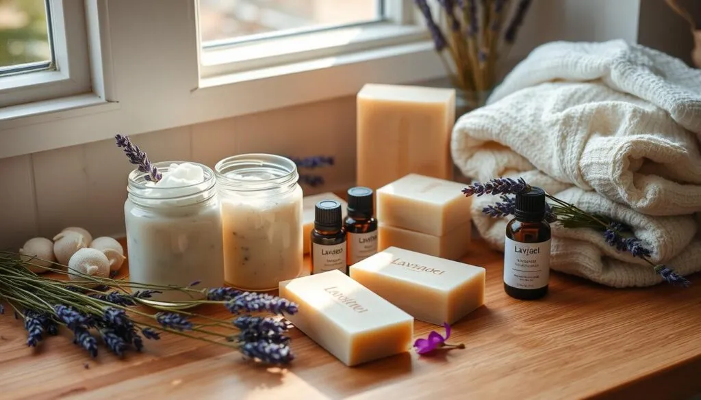 all natural skin care products spread out on a wooden table. 