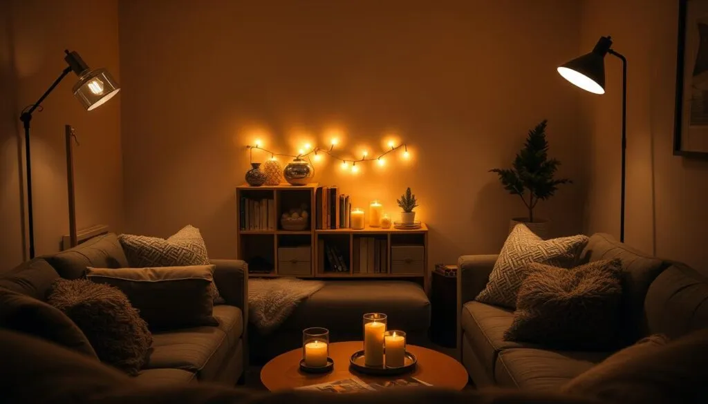 a small living room decorated with fairy lights and candles creating a oozy atmostphere 