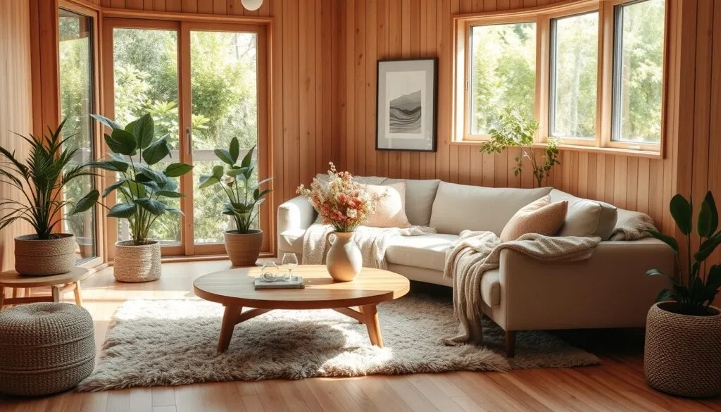 A beautifully designed small living room with a cozy and inviting atmosphere. The room features a neutral color palette with soft beige and white tones, complemented by pops of color from throw pillows and a plush area rug. A compact, modern sofa is arranged against a wall with floating shelves above, holding books and decor items. A round coffee table sits in the center, styled with a vase of fresh flowers and magazines. Natural light streams through sheer curtains, highlighting the space, and a small potted plant adds a touch of greenery. The overall vibe is warm, organized, and perfectly optimized for a small living space.