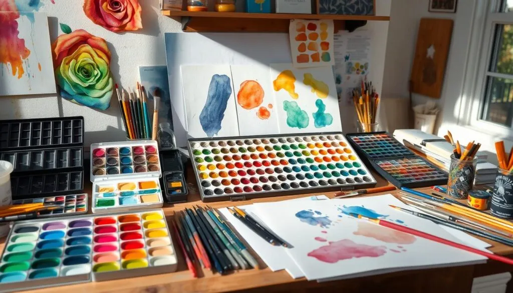 Best Watercolor Paint sets shown on a table with paint brushes