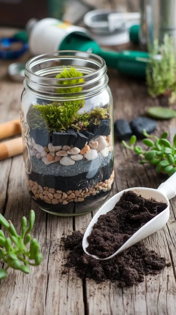  DIY Mason Jar Crarft Terrarium with supplies scattered on. a wooden table