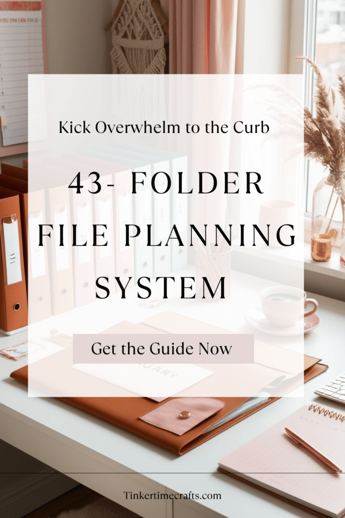 Folders on a neat desk in a boho office with text overlay that says kick overwhelm to the curb 43 folder file planning system get the guide now 