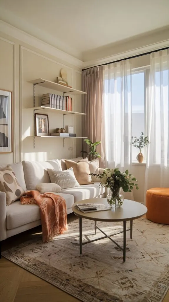 Tiny living room with organized vertical shelving on walls and round coffee table and boho rug on wooden floor creating a cozy space. 