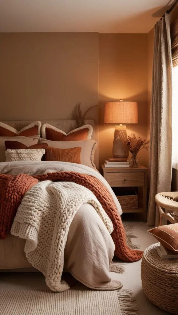 warm cozy inviting bedroom with layers of warm knitted blankets and fluffy pillows on the bed and a soft light from a wooden lamp on the nightstand is lighting up the room with soft lighting
