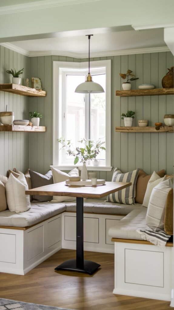Corner Dining Nook with Sage green walls and wooden benches 