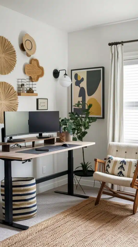 home office design ideas with a modern clean office  with dual monitors and a sleek feeling with boho inspired pillows and rugs and abstract art on the walls 