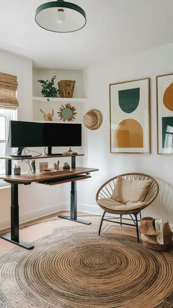 home office design ideas with abstract colorful art on walls and boho rugs and dual monitors on neatly organized desk  