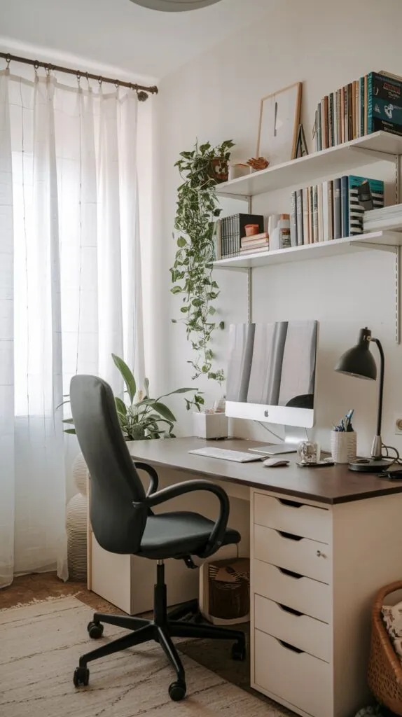 home office setting with a boho clean feeling with neatly organized shelves above a clean desk with laptop and desk lamp and a green plants on the shelf
