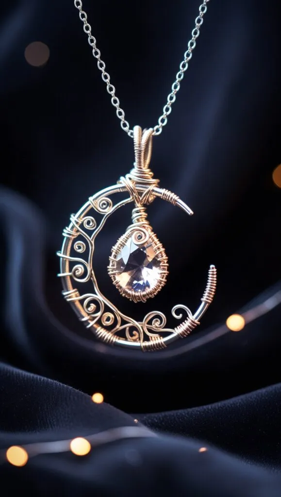 Silver wire wrap moon necklace with gemstone in the middle 