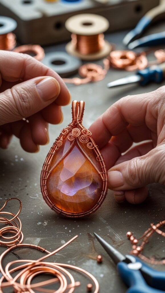 Copper seaglass wire wrapping jewelry pendant 